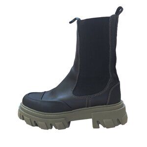 GANNI Black Leather CHELSEA Green Lugsole Platform Ankle Mid Calf Boots 38
